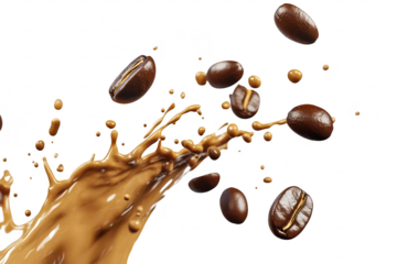 A dynamic splash of rich coffee with flying coffee beans captured against a clean white background. the energy of morning rituals and the love for coffee