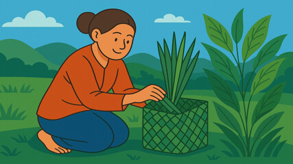 Indonesian Basket Weaving Woman in Colorful Nature Landscape