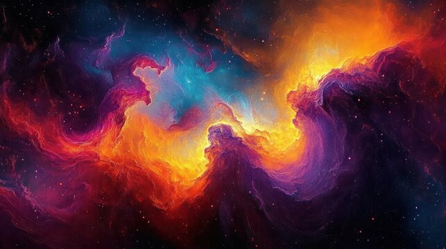 Vibrant swirling cosmic nebula of glowing orange, purple and blue clouds and distant stars evoking wonder and awe