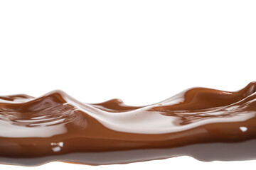 Smooth. glossy chocolate liquid flowing elegantly across a white surface. creating a visually appealing texture. ideal for culinary presentations or dessert-related content