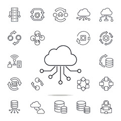 Technology and data science thin line icon set. Includes cloud computing, server, database, and network symbols.