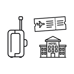 Travel and tourism icon set with a rolling suitcase, airline ticket, and hotel building.