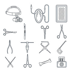 Surgical instruments and medical equipment outline icon set for healthcare design