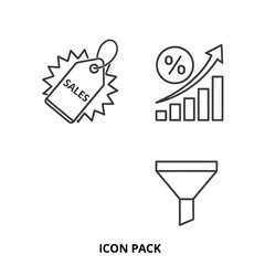 Vector line icon pack for business and marketing, featuring a sales tag, growth chart, and funnel.