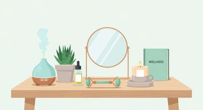 Various self-care and beauty routine items arranged neatly on a wooden surface