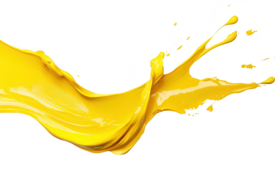 A splash of yellow paint gracefully arcs across a white background. the fluidity and energy of color. ideal for artistic and creative projects