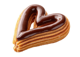 Heart-shaped churro topped with glossy chocolate sauce