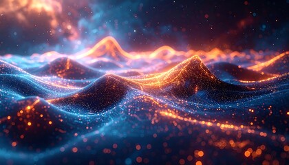 Abstract waves of light undulate in blue and orange, sparkling with scattered glowing particles in a cosmic expanse
