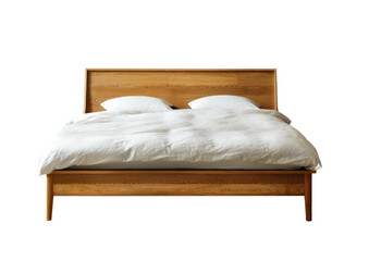 Bed with wooden frame, white linens, pillows