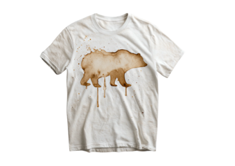 Bear-shaped stain splattered on a white t-shirt