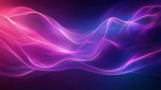 luminous flowing neon waves and ribbons of pink and purple light over a deep blue background conveying dreamy futuristic motion and serene energy