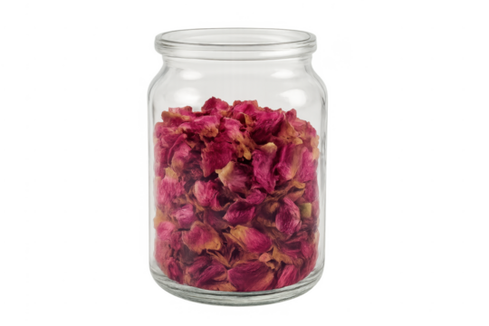 Dried rose petals filling glass jar on transparent background - Powered by Adobe