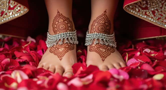Elaborate henna designs adorning feet with silver anklets amidst rose petals scenery