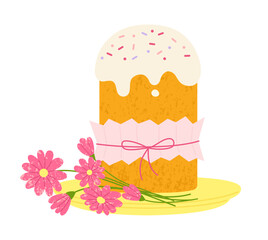 Easter cake and flowers for Happy Easter card, postcard, invitation, poster. Holiday Easter bakery cute sweet bread with icing sweet pastry. Hand drawn vector grainy texture isolated illustration