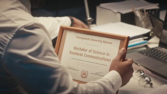 Businessman Proudly Displays His Bachelor Degree Diploma on Office Desk