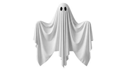 A classic white ghost costume with black eyes floating.