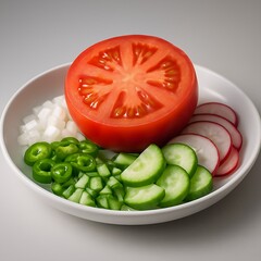 A vibrant ultra-realistic 8K salad plate featuring sliced tomato, onions, cucumbers, radish, and green chilies with perfect lighting and lifelike textures.

