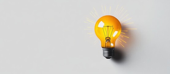 glowing incandescent light bulb with visible filament and radiating rays on a pale gray background casting a soft shadow, evoking inspiration and optimistic creativity