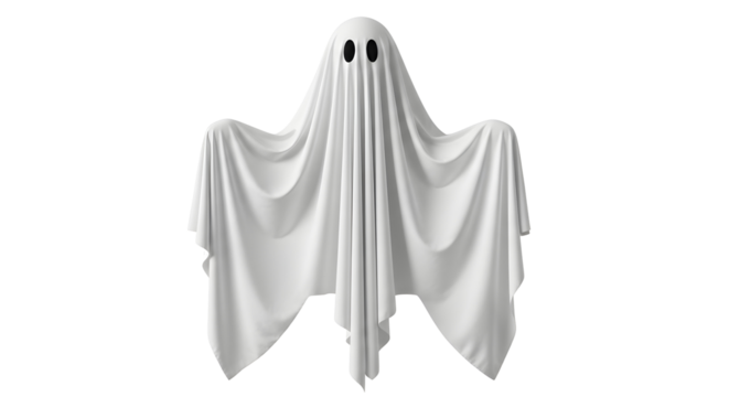 A classic white ghost costume with black eyes floating.