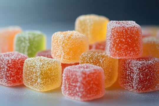 close-up of colorful sugar-coated jelly candies: red, orange, yellow and green translucent cubes dusted with sparkling sugar, bright playful and tempting - Powered by Adobe
