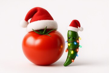 Festive tomato and chili wear Christmas hats with glowing colorful lights, posed on a clean white background in ultra-realistic 3D style.
