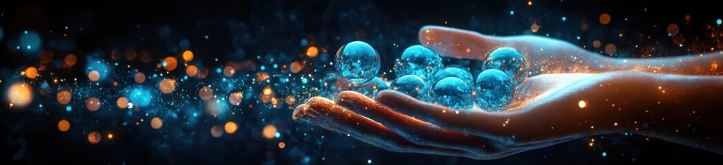 Obraz premium cupped hands holding glowing blue glass spheres amid scattered golden and cyan sparks and luminous bokeh, shimmering dust conveying wonder and serenity