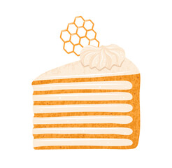 Piece of honey cake texture grained illustration. Sweet holiday bakery honey pie with honeycomb art. Vector hand drawn cartoon design for menus, signboards, showcases prints, posters, wallpaper