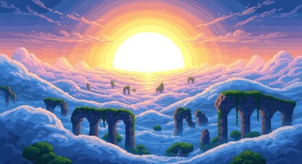 Pixelated sunrise over cloud-shrouded ruins, a fantasy landscape evoking nostalgia