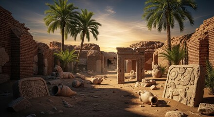 Serene ruins landscape featuring ancient sandstone architecture and sunlit sky offering a glimpse