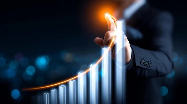 Hand points to bar chart data analysis presentation hand highlights bar chart for business data reporting