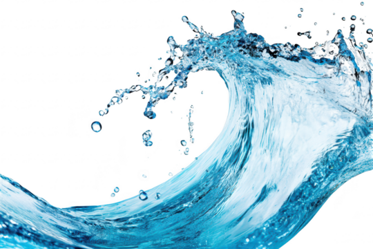 A dynamic and splash of clear blue water forming a wave. illustrating the beauty of nature and fluid motion against a minimalistic white background. ideal for creative projects