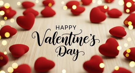 Happy valentines day message surrounded by red hearts and bokeh lights on wood background