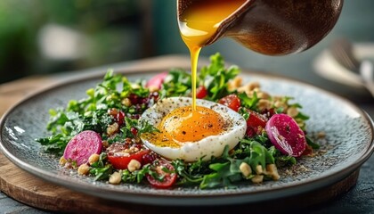 Vibrant fresh arugula and mixed greens salad with cherry tomatoes, sliced radish, chopped nuts and a soft-boiled egg as golden yolk dressing is poured, appetizing