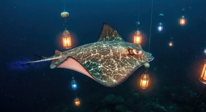 Underwater enchantment stingray amidst glowing lanterns in the deep blue sea