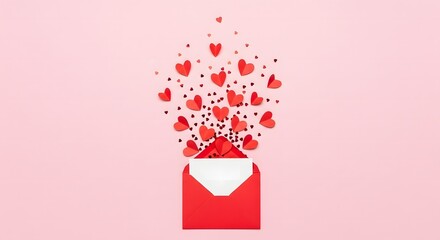 Love letter red envelope bursts with hearts on pink background, perfect for valentines day