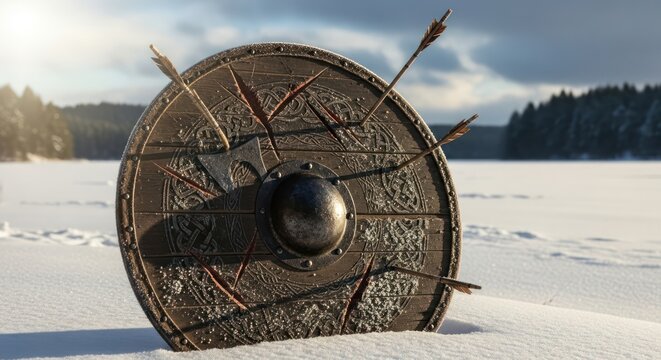 Weathered viking shield with arrows and axe stands defiant on a snowy winter field