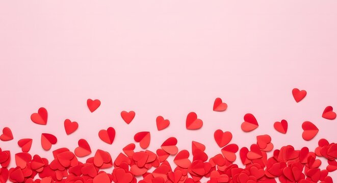 Valentines day background with red paper hearts on pink background with copy space