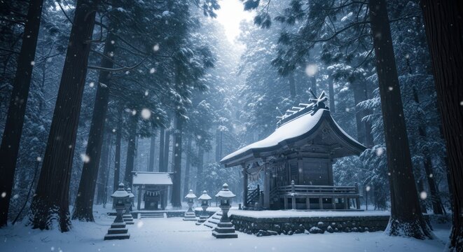 Serene winter landscape featuring a traditional Japanese shrine nestled amidst snow covered trees