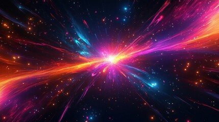 vibrant cosmic explosion with glowing central core and sweeping pink purple blue and orange streaks, scattered stars and an intense sense of awe