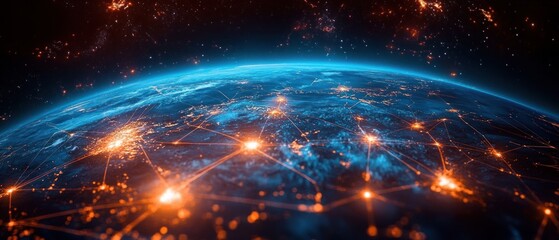 Curved Earth from space with glowing orange network nodes and connecting lines across blue atmosphere, futuristic awe and global connectivity