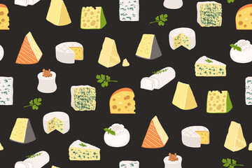 Cheese seamless pattern cartoon illustration. Brie, Camembert Swiss cheese holes Parmesan trendy boundless dark background. Vector endless design paper print, fabric textile, wrapper backdrop template