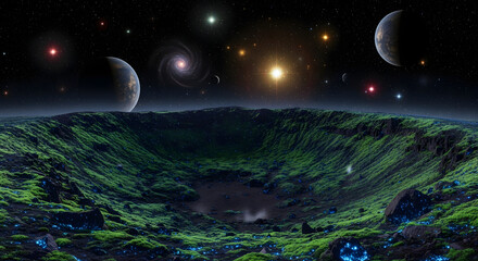 Alien Planet Landscape with Lush Green Terrain and Celestial Bodies Above.