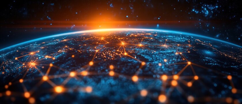 Glowing orange network of connected nodes over illuminated Earth at sunrise with blue city lights and stars, evoking a futuristic hopeful sense of global connectivity