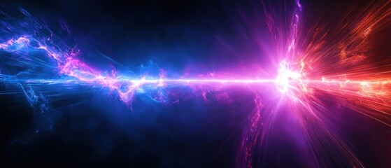 Intense cosmic energy beam collision across dark space with blue and pink plasma streaks and exploding red flare, dramatic and powerful