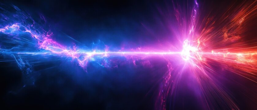 Intense cosmic energy beam collision across dark space with blue and pink plasma streaks and exploding red flare, dramatic and powerful