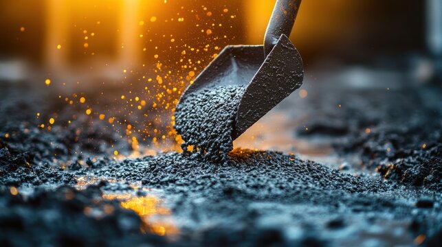metal shovel scooping dark wet gravel with glowing orange sparks and dramatic warm backlight, gritty intense industrial scene