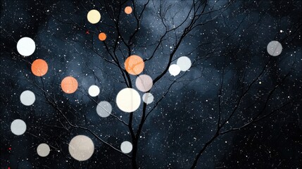 A dark, textured night sky filled with small white specks resembling stars, with the silhouette of a bare tree and colorful bokeh lights scattered around.