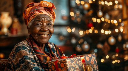 Joyful elderly African woman holding Christmas gift with warm smile beside festive lights depicting holiday celebration cultural diversity and seasonal happiness