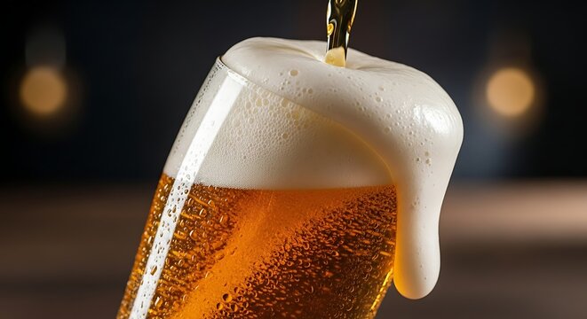 Pouring refreshing beer into a glass with foam.