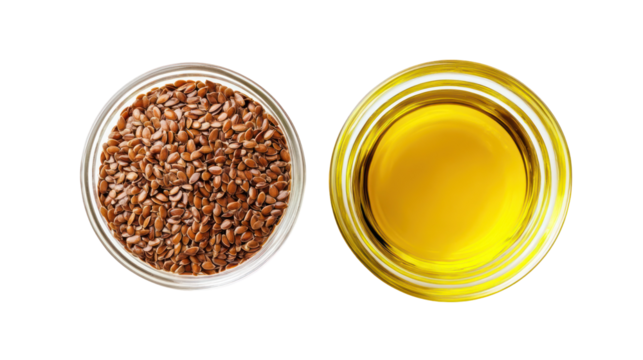 Flax seeds and flaxseed oil in oval containers isolated on transparent background